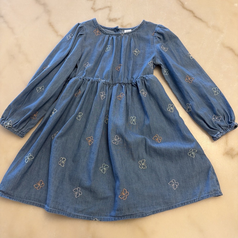 Baby Gap Toddler Girl Denim Jean A-line Dress Butterflies Long Sleeve Size 5T